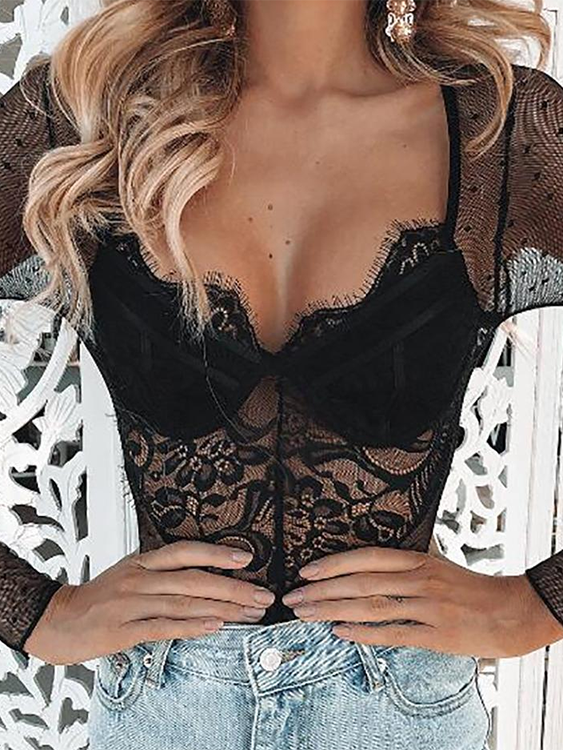 Lace See Through V-neck Long Sleeves Bodysuit