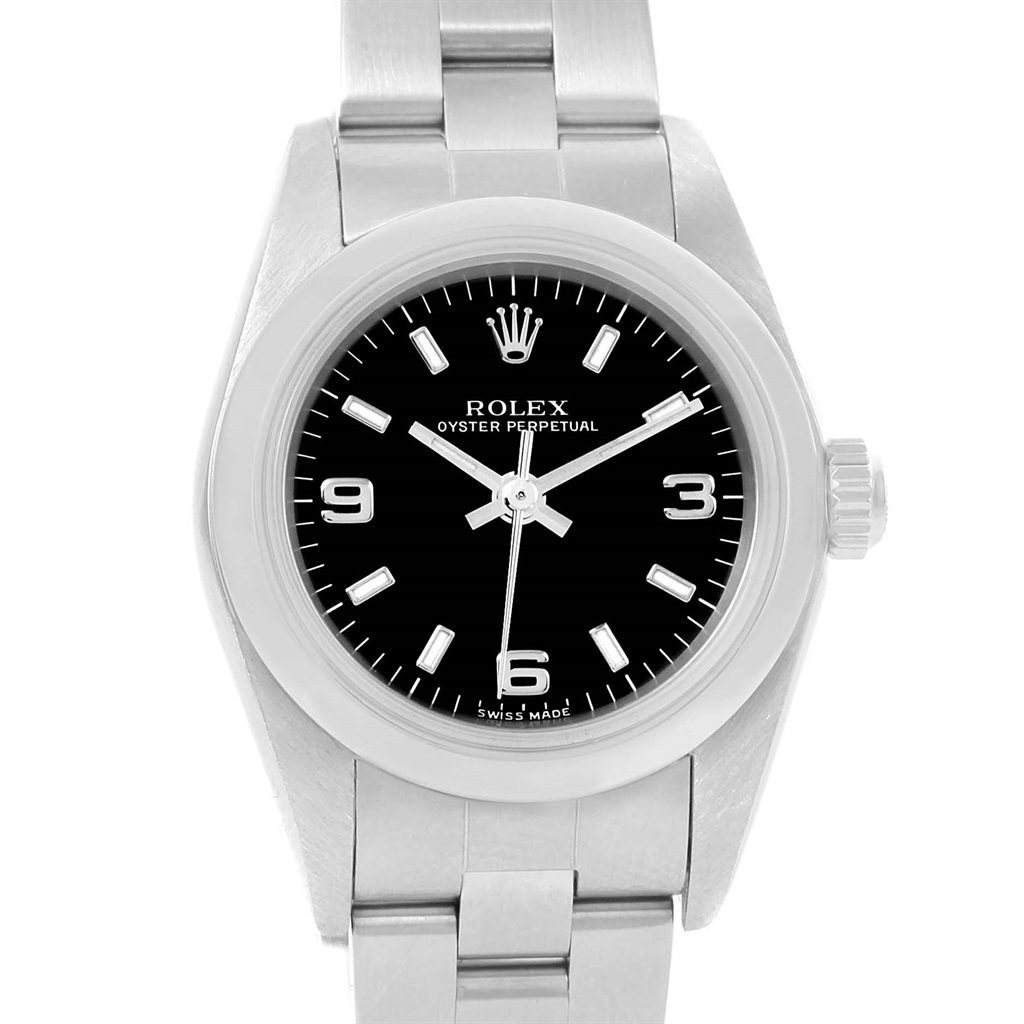 Image of Rolex Oyster Perpetual 76080 Stainless Steel Black Dial Automatic 24mm Womens Watch 