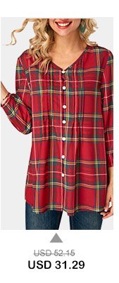 Blouson Sleeve Plaid Print V Neck Blouse