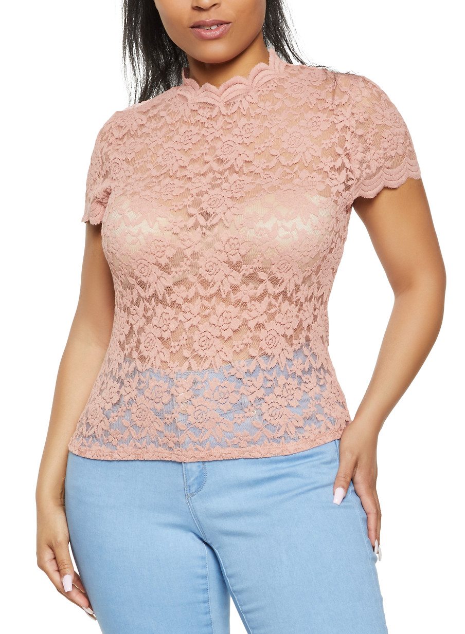 Plus Size Lace Mock Neck Cap Sleeve Top