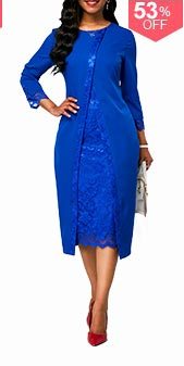 Royal Blue Lace Panel Long Sleeve Sheath Dress