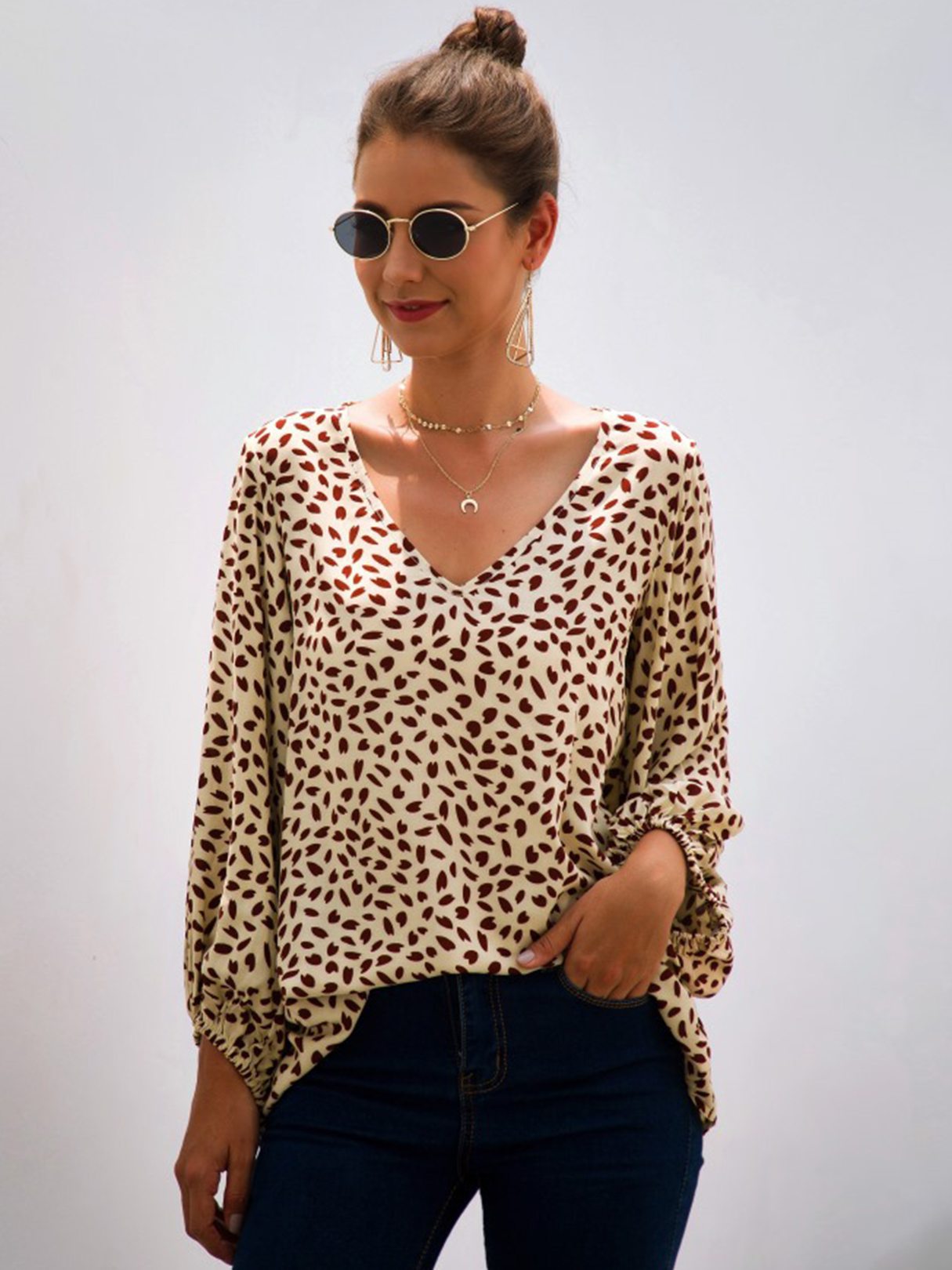 YOINS Print V Neck Long Sleeves Blouse