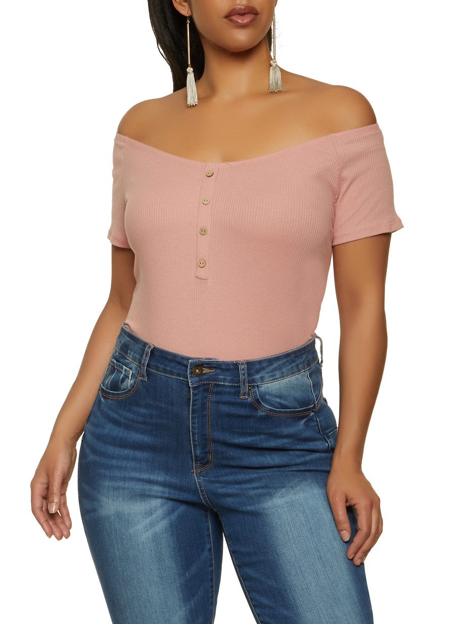 Plus Size Off the Shoulder Henley Bodysuit