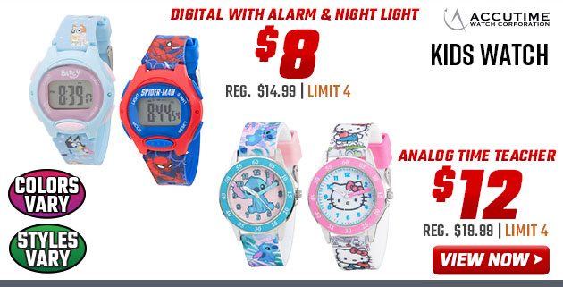 ''Accutime Kids Watch Digital w/ Alarm & Night Light $8 Analog Time Teacher $12 Reg. $14.99 or $19.99''