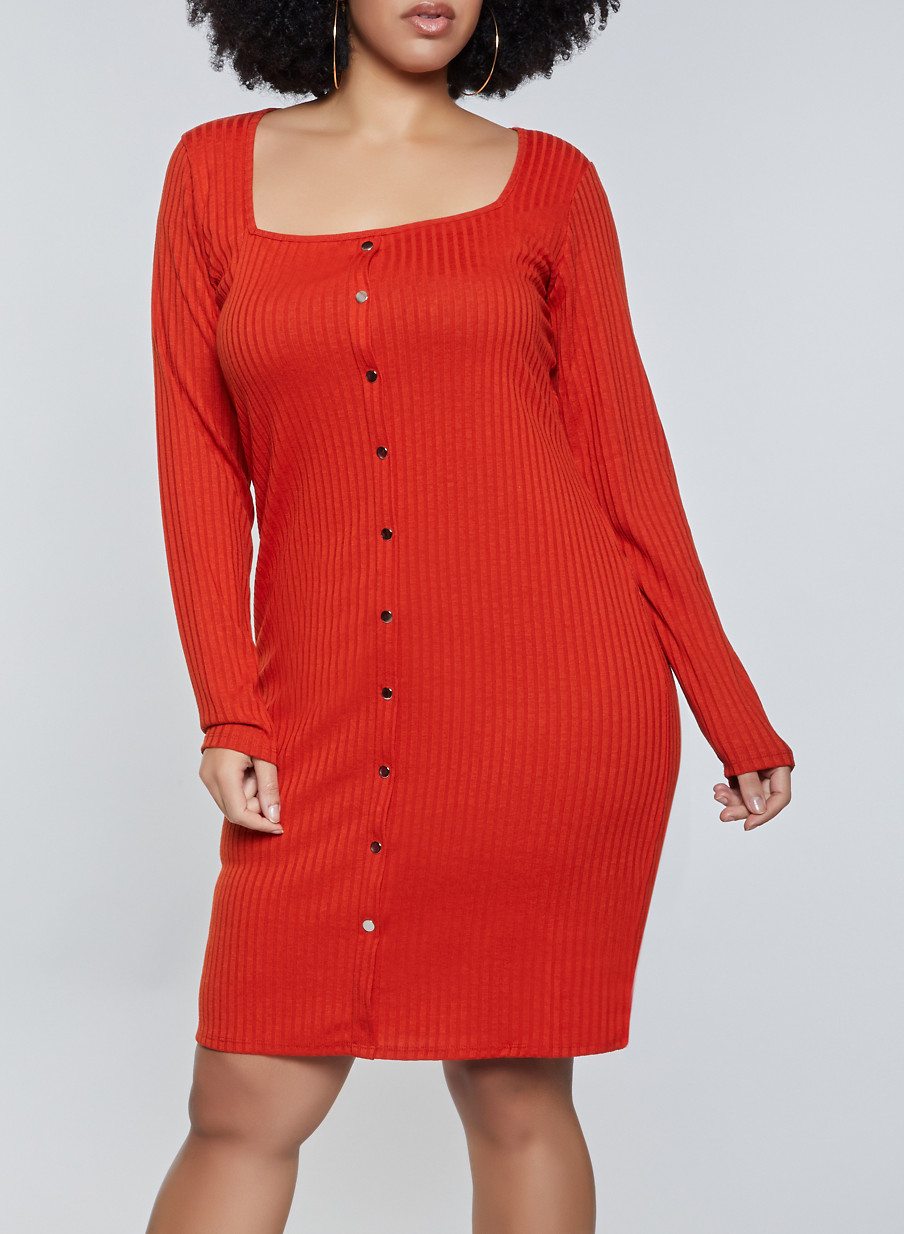 Plus Size Rib Knit Square Neck Dress