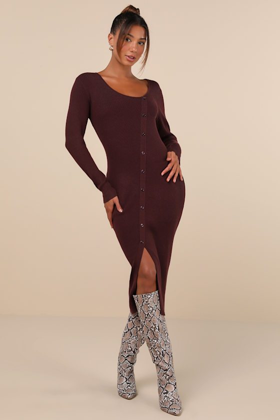 Image of Demure Attitude Chocolate Ribbed Asymmetrical Midi Sweater Dress