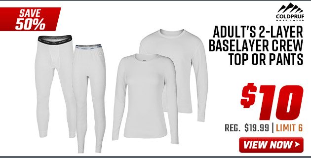 Coldpruf Adult's 2-Layer Baselayer Crew Top or Pants