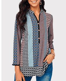 Split Neck Button Detail Printed Blouse