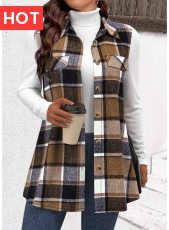 Dark Camel Patchwork Plaid Sleeveless Shirt Collar Waistcoat