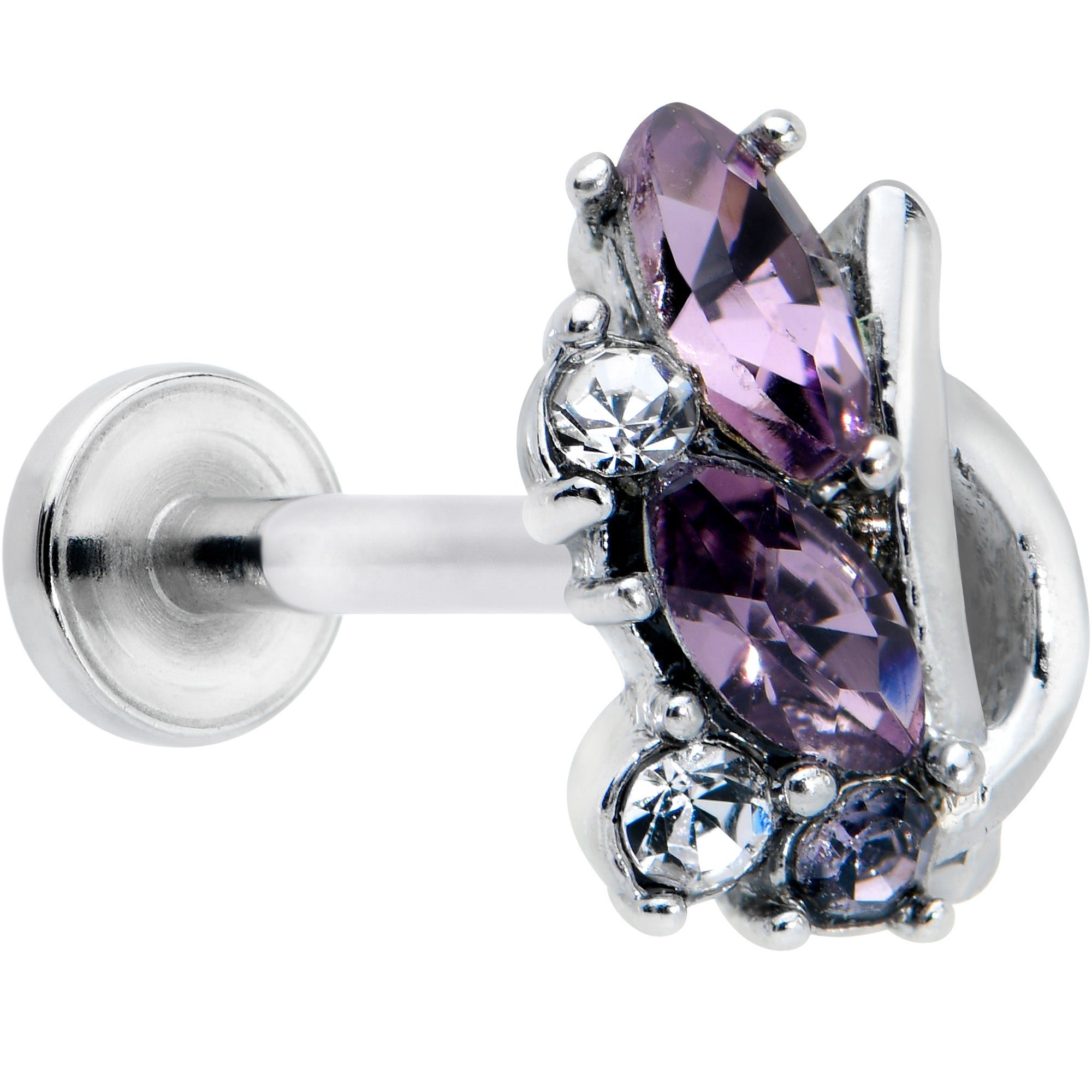 Image of 16 Gauge 5/16 Clear Purple Gem Abstract Elegance Labret Monroe Tragus