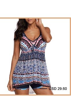 Cutout Back V Neck Printed Swimdress and Shorts