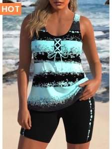 ROTITA Lace Up Mint Green Striped Tankini Set