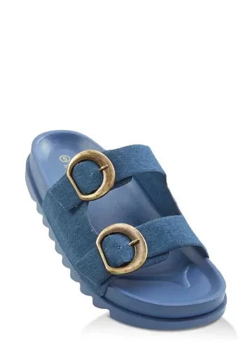 Double Buckle Footbed Slide Sandals