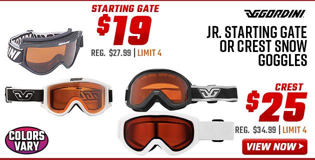 ''Gordini Jr. Starting Gate or Crest Snow Goggles Crest $25 Starting Gate $19''