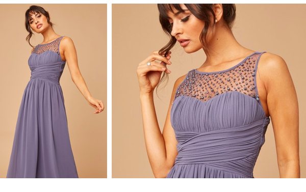Little Mistress Grace Lavender Grey Embellished Neck Maxi Dress