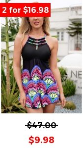 Tribal Print Mesh Stitching Swimdress and Panty