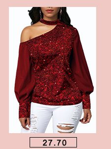 Cutout Shoulder Sequin Embellished Wine Red Blouse