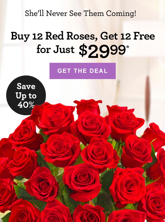 She’ll Never See Them Coming! 24 Red Roses + Free Premium Vase for Just $29.99* [SHOP NOW] Save Over 50%