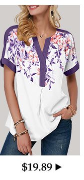 Contrast Piping Floral Print Notch Neck Blous 