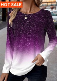 ROTITA Patchwork Ombre Purple Round Neck Long Sleeve T Shirt