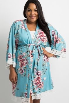 Teal Floral Lace Trim Plus Delivery/Nursing Maternity Robe