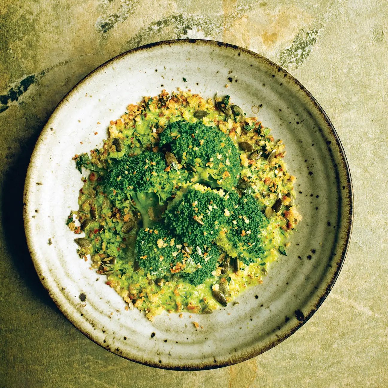 Broccoli with Crispy Bread Crumbs and Pumpkin Seeds
