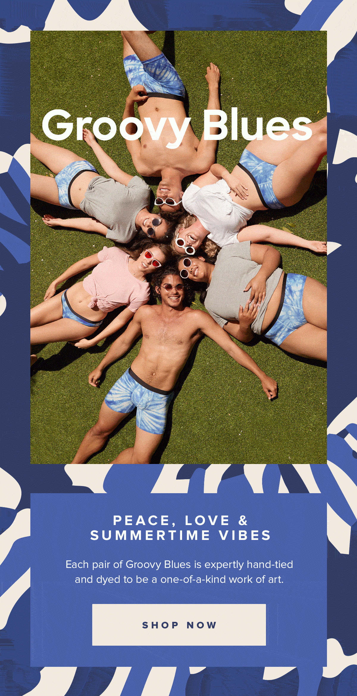 Groovy Blues | PEACE, LOVE & SUMMERTIME VIBES | Each pair of Groovy Blues is expertly hand-tied and dyed to be a one-of-a-kind work of art.