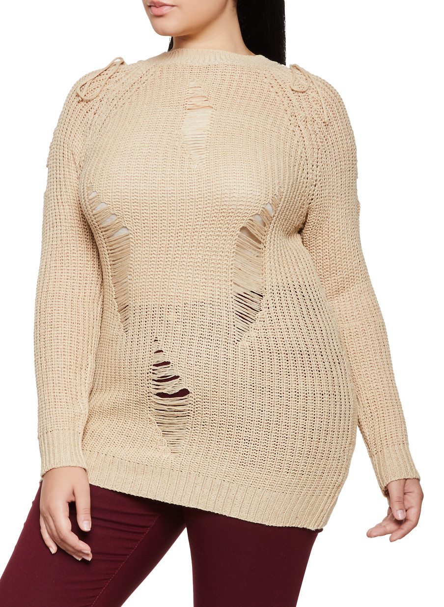 Plus Size Lace Up Shoulder Distressed Sweater