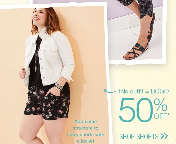 This outfit = BOGO 50% off*. Add some structure to flowy shorts with a jacket. Shop shorts.