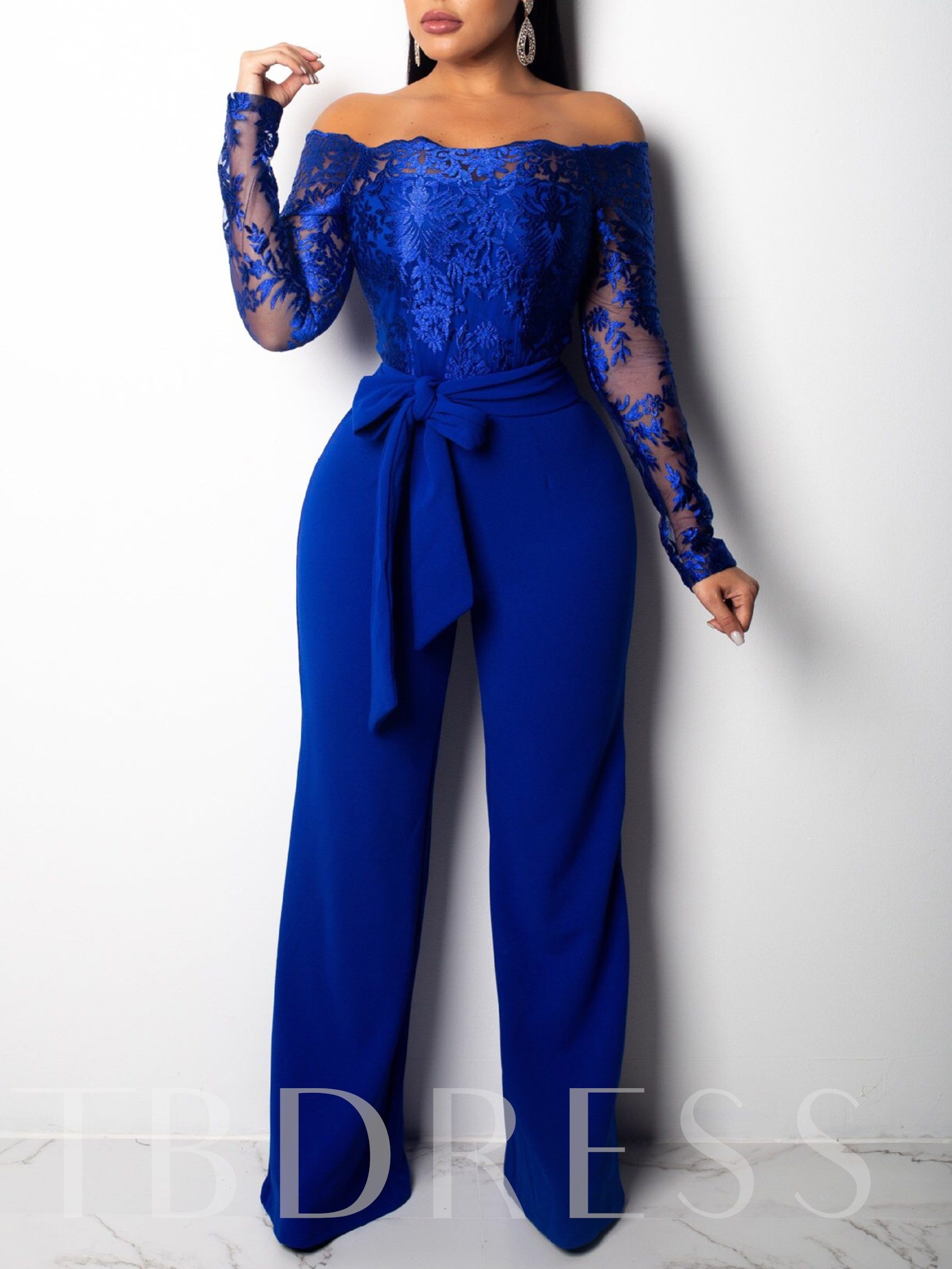 African Fashion Lace Patchwork Full Length Lace-Up Slim Women's Jumpsuit