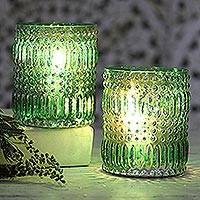 Pair of Green Molded Glass Votives