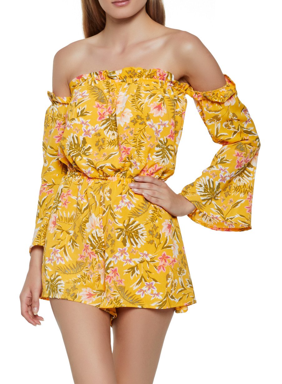 Floral Off the Shoulder Crepe Knit Romper