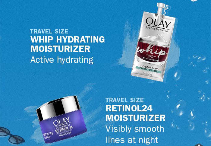Travel Size Whip Hydrating Moisturizer. Active hydrating. Travel size Retinol24 Moisturizer. Visibly smooth lines at night