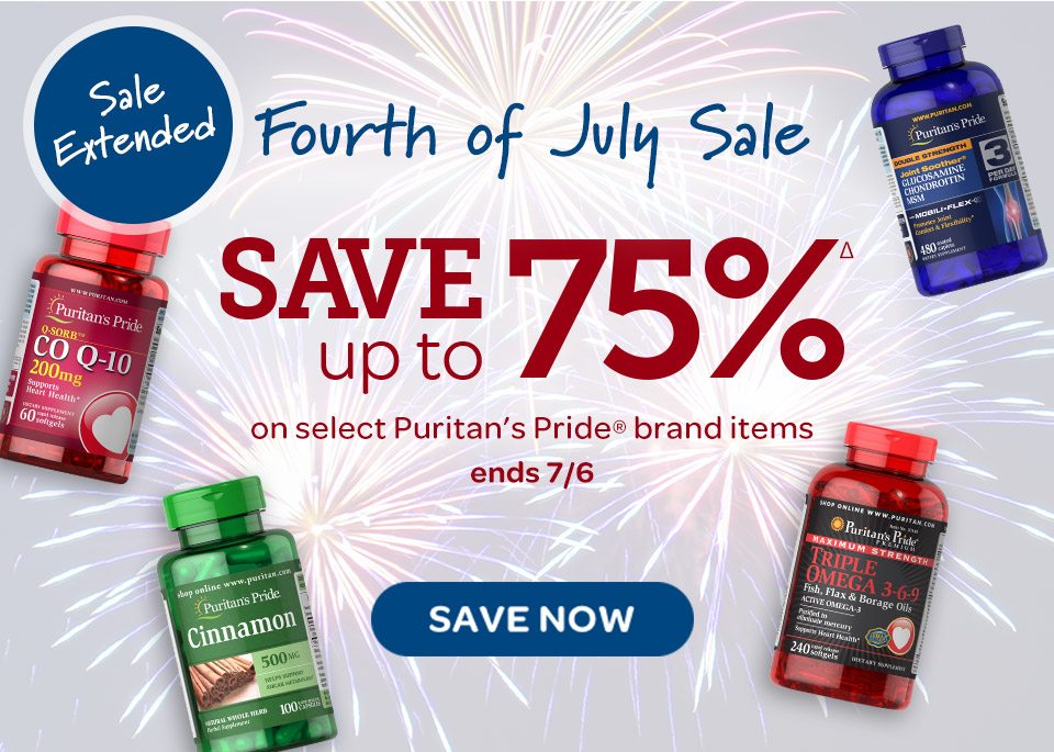 Sale extended: Fourth of July Sale: Save up to 75%Δ on select Puritan's Pride® brand items. Ends 7/5. Save now.
