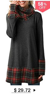 Plaid Cowl Neck Patchwork Dark Grey T Shirt