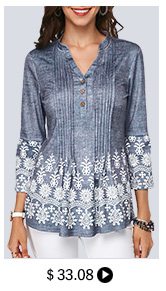 Split Neck Button Detail Printed Pleated Blouse