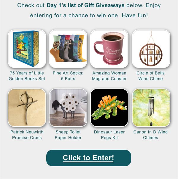 You Could Win: Little Golden Book | Fine Art Socks | Amazing Woman Mug | Circle Of Bells Chimes | Steel Cross | Sheep Toilet Paper Holder | Dinosaur Laser Pegs | Pachelbel's Canon in D Wind Chimes