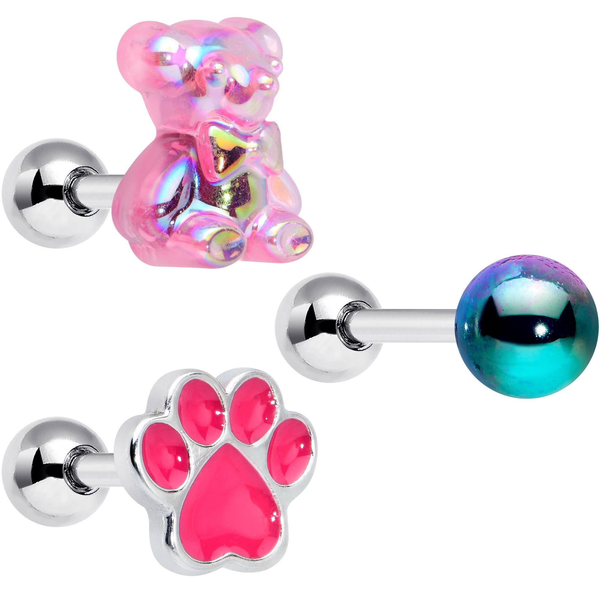 Image of 16 Gauge 1/4 Bear Pearlescent Pink Paw Cartilage Earring Set of 3