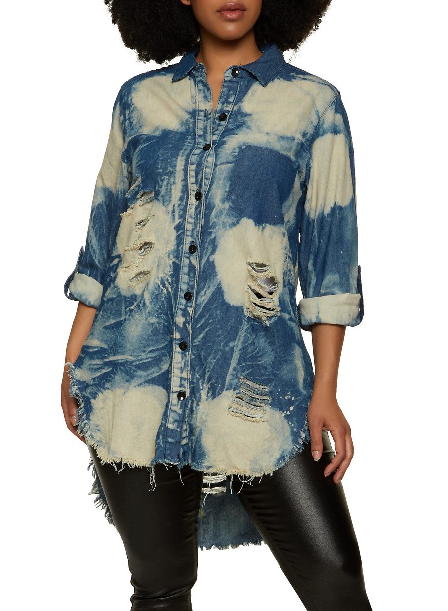 Plus Size Destroyed High Low Denim Shirt