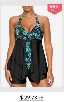 Open Back Printed Asymmetric Hem Tankini Set