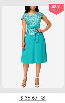 Lace Panel Cyan Cap Sleeve Dress