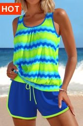 Patchwork Wave Pattern Print Neon Green Tankini Set