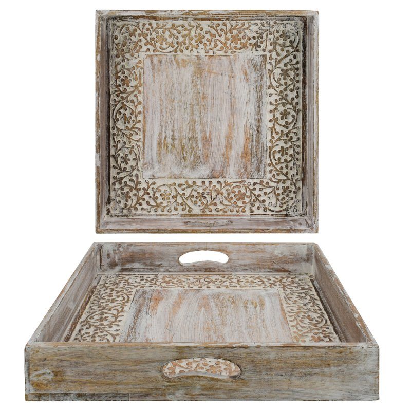 Rustic Brown Wood Carved Square Tray with Cut Out Handles