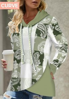 ROTITA Plus Size Patchwork Light Green Tribal Print Hoodie