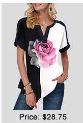 Short Sleeve Rose Print Notch Neck T Shirt