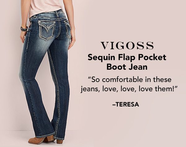 Vigoss sequin flap pocket boot jean. 'So comfortable in these jeans, love, love, love them!' -TERESA