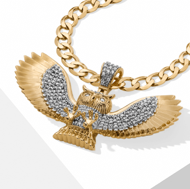 Men's Diamond Owl Charm 1/2 ct tw 10K Yellow Gold + Gold Chain Necklace