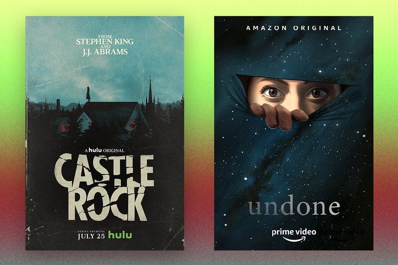 castle rock, undone, and ozark tv posters on a blue green and red backgorund