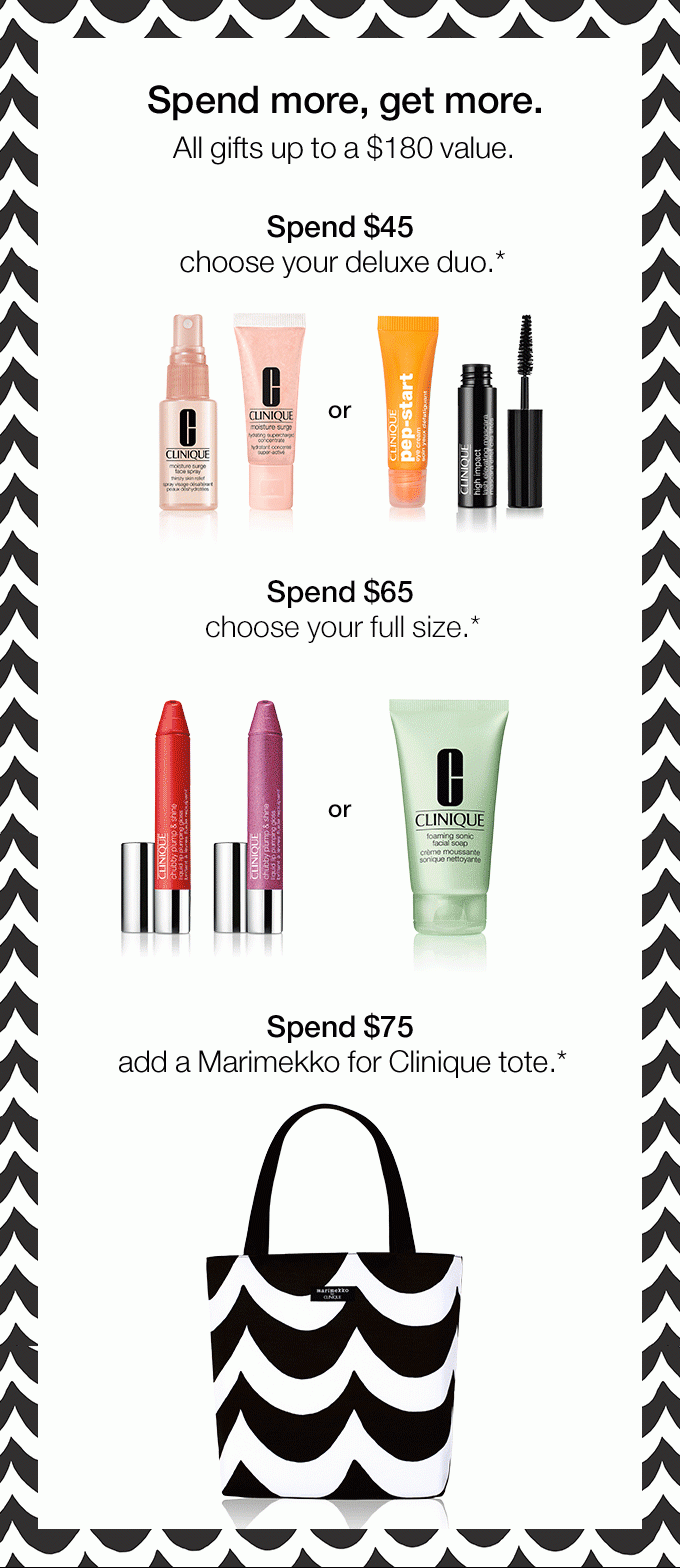 Spend more, get more. Choose a free duo with any $55 purchase.* CODE SKINFAVES CODE EYEFAVES Free tote with any $75 purchase.* NO CODE NEEDED All gifts up to a $135 value.