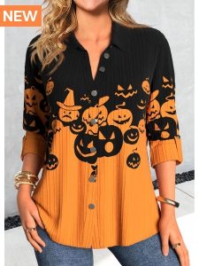 ROTITA Button Halloween Pumpkin Print Orange Shirt Collar Blouse